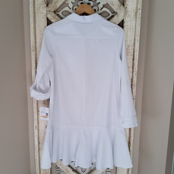 Emily Daniels Women's Small Roll Tab Sleeve Button Collar Flounce Dress in White - Picture 10 of 10